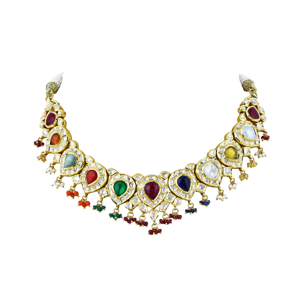 Navratna Necklace with Polki Diamonds, Pearls, and coloured Beads